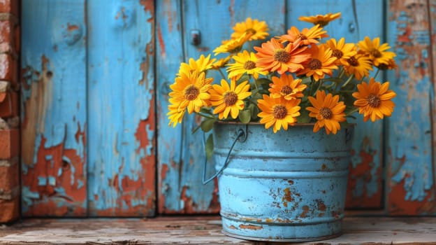 A bucket of flowers in a blue metal can sitting on top of wood