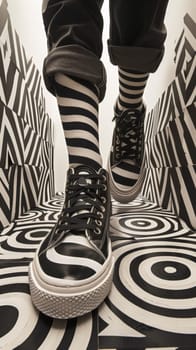 A person wearing black and white striped socks on a patterned floor