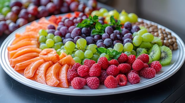 A plate of a variety of fruit on the table with some grapes