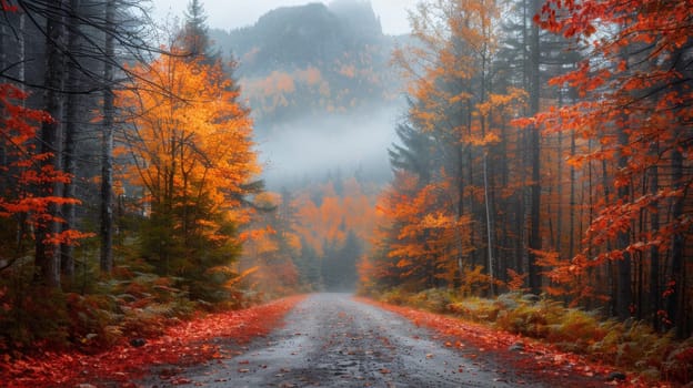 A road with trees and fog in the background