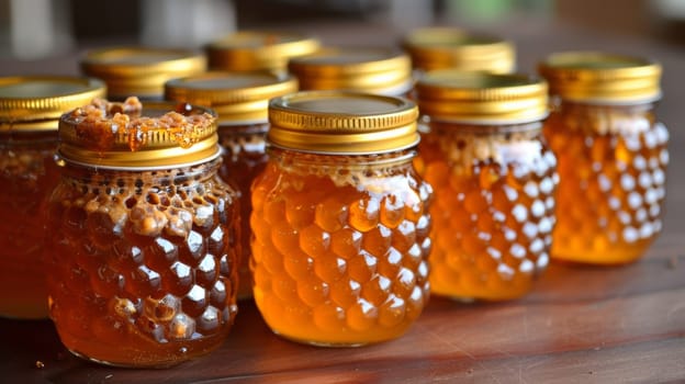 A row of jars filled with honey sitting on a table