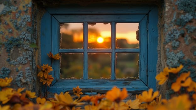 A window with a view of the sunset through it