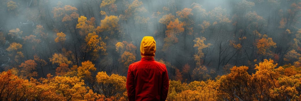 A person in red jacket standing on top of a hill with trees