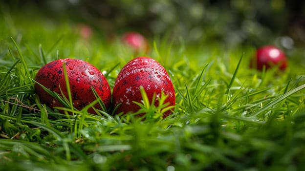 Two red eggs laying in the grass with a third egg