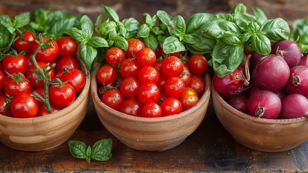 Three bowls of tomatoes, radishes and basil on a table