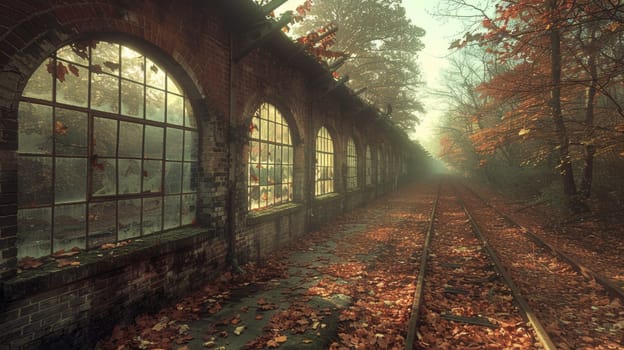 A train tracks with leaves on the ground and windows