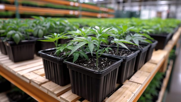 A row of plants in black pots on a wooden shelf