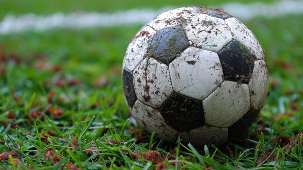 A soccer ball on the grass with a hole in it