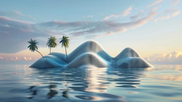 A 3d rendering of a floating island with palm trees