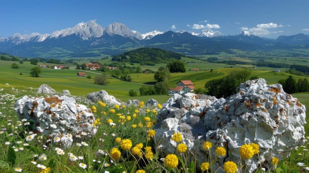 A field of wildflowers and rocks in a valley with mountains