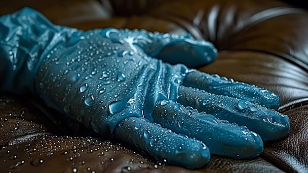 A blue glove sitting on a brown leather couch with water droplets