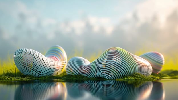 A group of three colorful sculptures sitting on top of a body of water