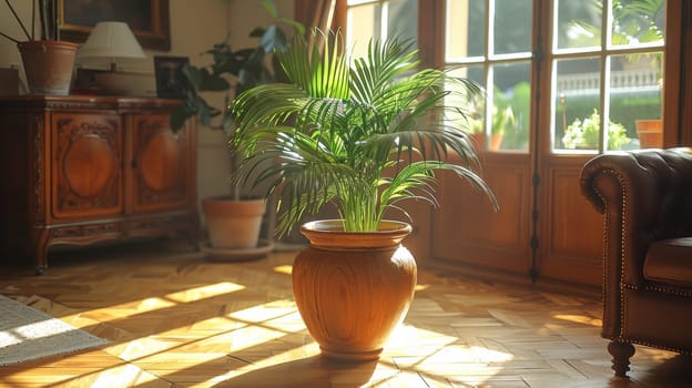 A large plant in a vase on the floor of an open room