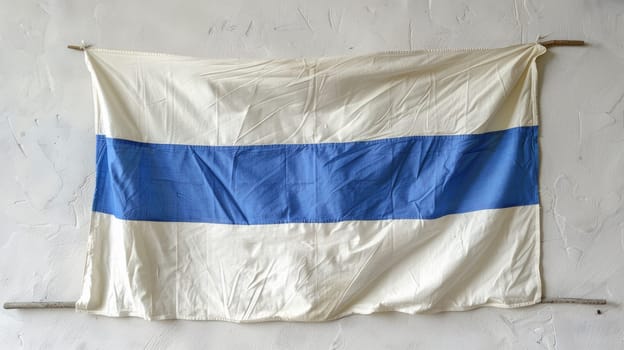 A blue and white striped cloth hanging on a wall