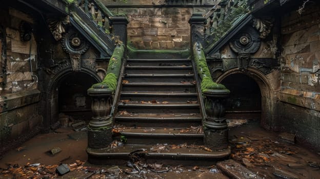 A staircase with moss growing on it and a broken railing