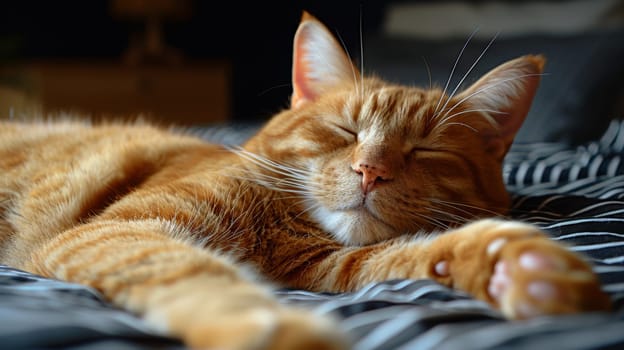 A cat sleeping on a bed with its eyes closed