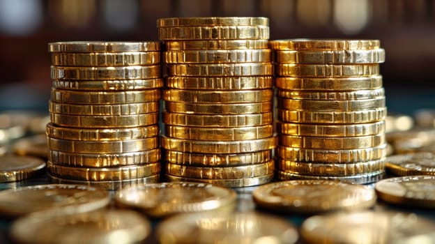 A pile of gold coins on a table with some stacked up