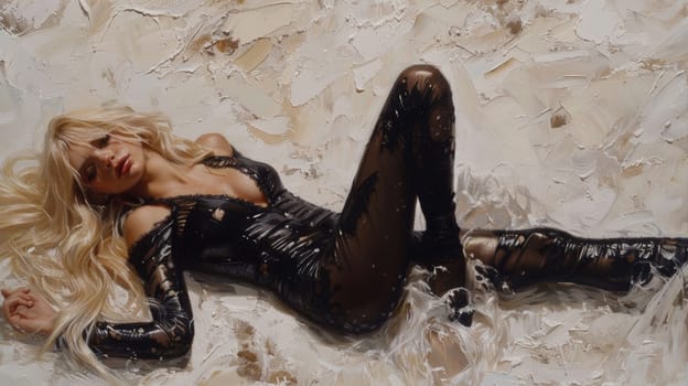 A woman laying on the floor in a black outfit