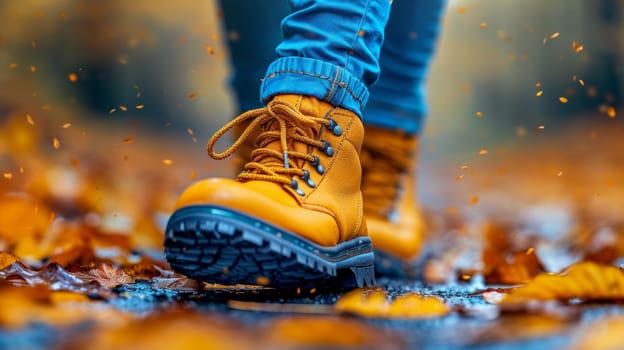 A person wearing yellow boots walking through a field of leaves