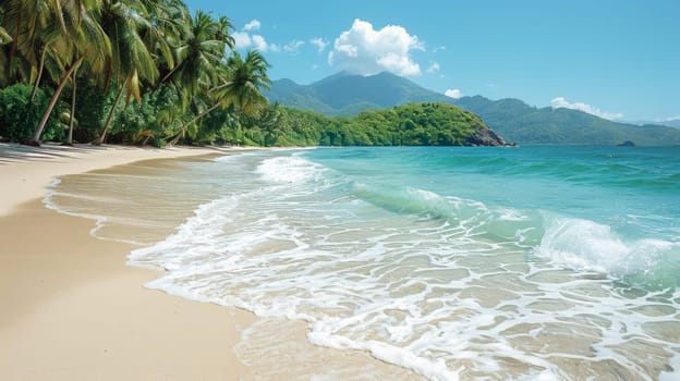 A beach with a wave coming in and some trees