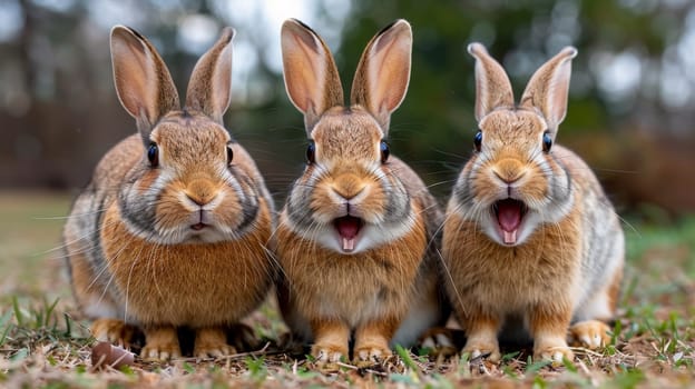 Three rabbits sitting on the ground with their mouths open
