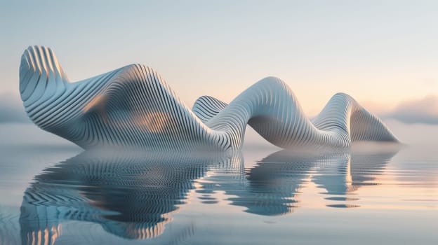 A sculpture of a wave in the water with some clouds