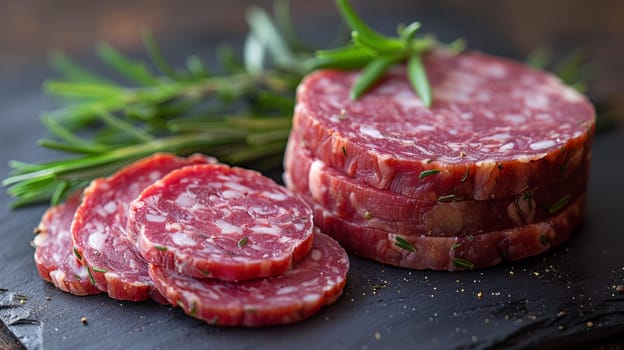 A close up of a pile of sliced salami on top of some herbs