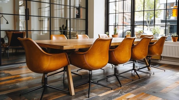 A wooden table with orange chairs in front of a window