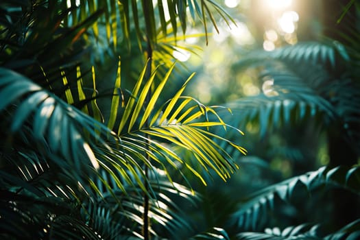 Beautiful summer view of green tropical leaves in sunlight.