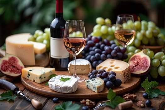 Artisan Cheese and Wine Tasting Selection. Generative AI.