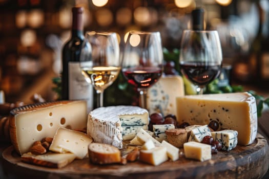 Artisan Cheese and Wine Tasting Selection. Generative AI.