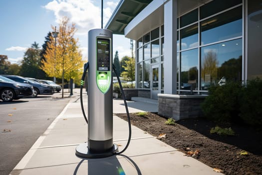 Electric car charging station. Preserving a clean environment. Switching to electric energy.