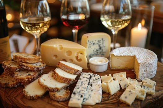 Artisan Cheese and Wine Tasting Selection. Generative AI.