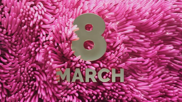 3d render of pink anemone seaweed swaying with gold lettering March 8 in 4k
