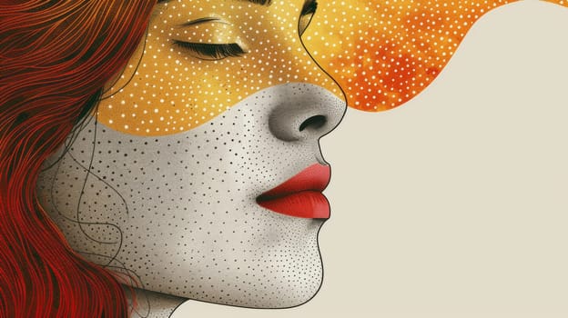 A woman with red hair and a face painted in dots
