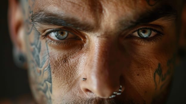 A close up of a man with piercings and tattoos on his face
