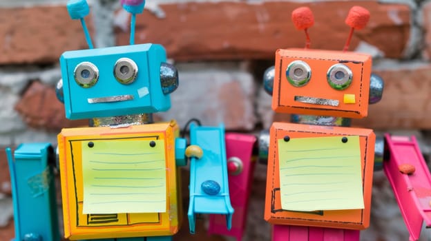 Two colorful robots with note pads attached to their backs