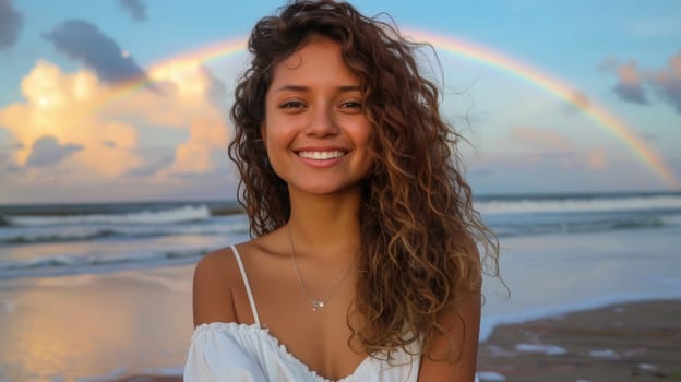 A woman smiling at the camera in front of a rainbow