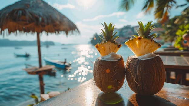 Two coconut drinks with pineapples on top of them sitting next to a boat