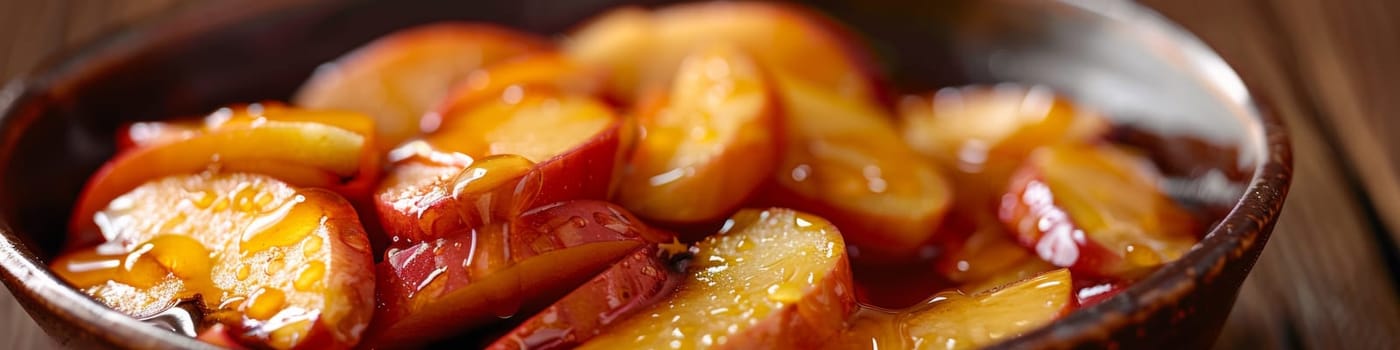 A bowl of sliced apples with syrup on top sitting in a wooden table