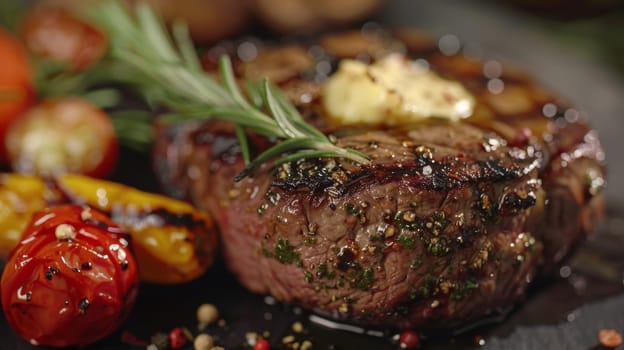 A close up of a steak with some vegetables on it