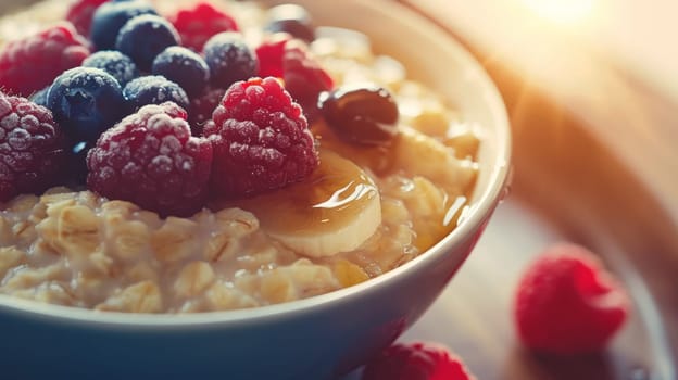 A bowl of oatmeal with berries and honey sitting on a table
