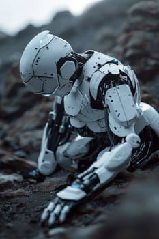 A robot is crouched down on the ground in a rocky area
