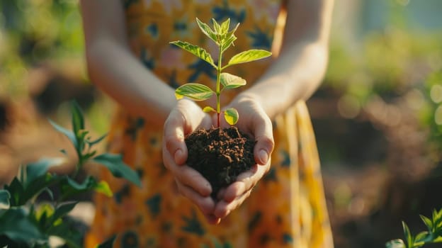 A person holding a small plant in their hands with dirt