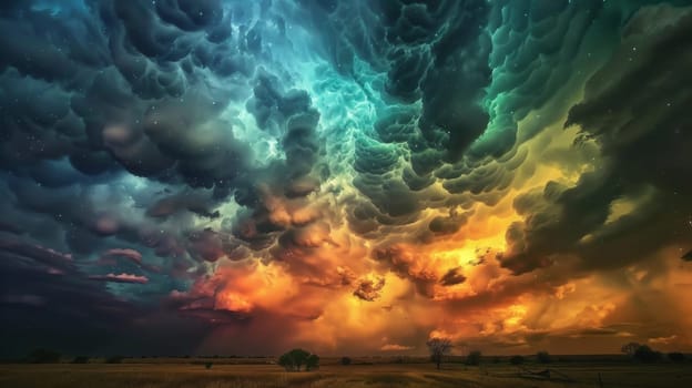 A colorful cloud formation is seen in the sky
