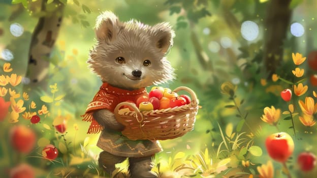 A cute little bear holding a basket of apples in the woods