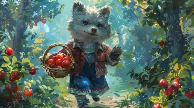 A painting of a furry animal holding an apple basket