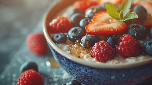 A bowl of berries and oatmeal with mint leaves on top