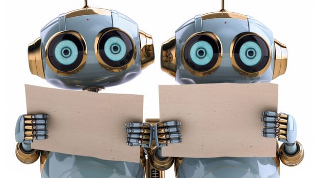 Two robots holding a piece of paper with eyes and mouths