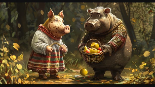 A pig and a woman standing next to each other holding baskets